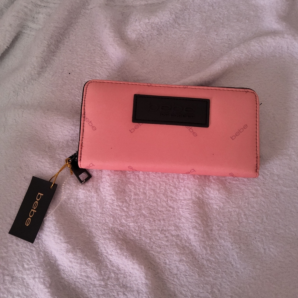 bebe Pink Zip-Around Wallet with Black Logo Plaque